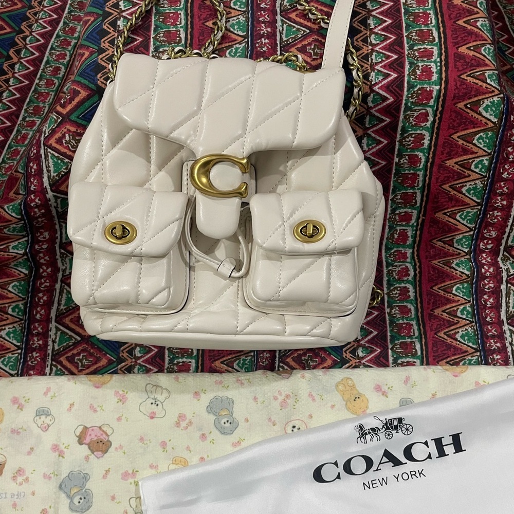 Coach Cream Quilted Leather Shoulder Backpack with Gold Hardware